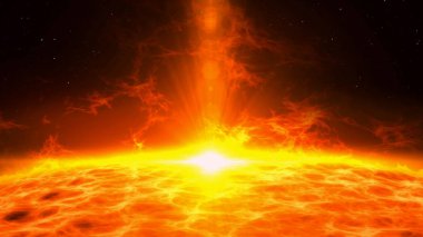 Güneş Erüpsiyonu ile büyük enerji fişekleri. Plazma Erüpsiyonu yıldız yüzey üzerinde önemli. Uzay keşif 3d arka plan 3d çizim.