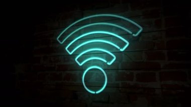 Wi-fi neon sembolü tuğla duvar. Internet bölgesi tuğla duvar arka plan ışığını imzala. Retro tarzı parlayan hotspot kutsal kişilerin resmi 3d animasyon.