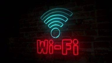 Wi-fi neon sembolü tuğla duvar. Internet bölgesi tuğla duvar arka plan ışığını imzala. Retro tarzı parlak simge 3d animasyon.
