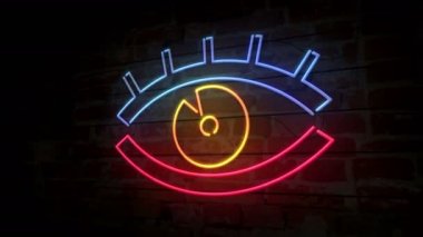 Göz neon tuğla duvar modern sembolü. Titreşimsiz izlemek işareti tuğla duvar arka plan. Simge retro tarzı parlak 3d animasyon casusluk.
