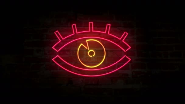 Глаз Неоновый Современный Символ Кирпичной Стене Хакер Наблюдает Вывеской Фоне — стоковое видео