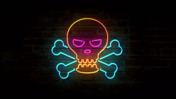 Totenkopf Und Knochen Neon Symbol Der Ziegelwand Flackert Warnschild Auf — Stockvideo