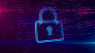 Siber güvenlik soyut kavram 3d çizim. Dijital arka plan bilgisayar güvenlik sembolü. Asma kilit simgesi kontur.