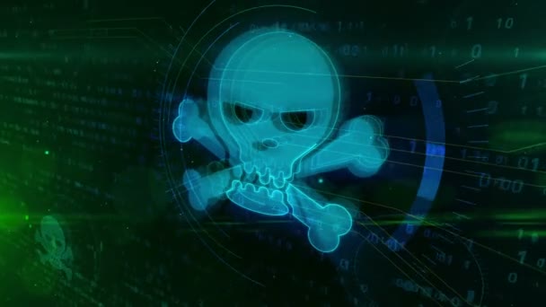頭蓋骨と骨デジタル背景にサイバー犯罪のシンボル コンピューターの攻撃やサイバー スペース概念での脅威 — ストック動画
