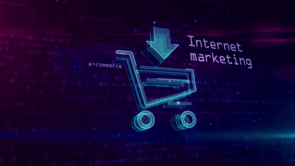 Internet Μάρκετινγκ Σύμβολο Καλάθι Αγορών Commerce Σύμβολο Ψηφιακή Φόντο Απευθείας — Αρχείο Βίντεο