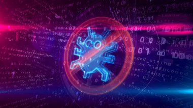 Dijital arka plan virüsten koruma simgesi. Internet solucanı yasağı sembolü soyut ikili 3d çizim.