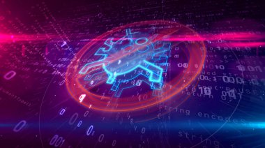 Dijital arka plan virüsten koruma simgesi. Internet solucanı yasağı sembolü soyut ikili 3d çizim.