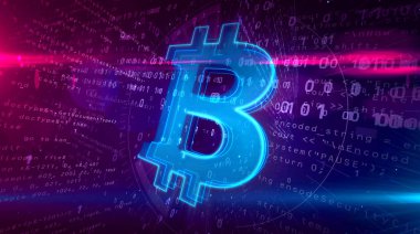 Dijital arka plan Cyber iş ve cryptocurrency sembolü. Bitcoin logo soyut kavram 3d çizim. 