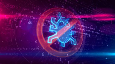 Dijital arka plan virüsten koruma simgesi. Internet solucanı yasağı sembolü soyut ikili 3d çizim.