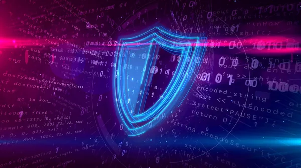 Cyber security abstract concept. 3D contour of shield icon on digital background. Computer safety symbol 3D illustration.