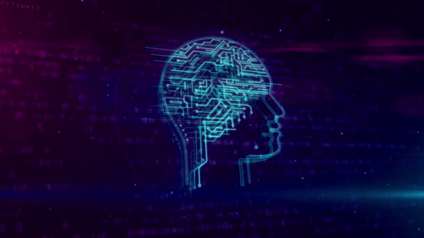 デジタル背景に人工知能のヘッド形状 抽象的な概念を脳 とサイバネティック作業 — ストック動画