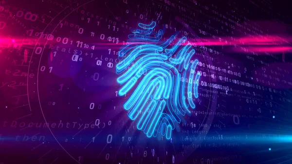 Cyber protection by fingerprint identification on digital background. Technology of personal authorization and digital security with hand finger verification system abstract concept 3D illustration.