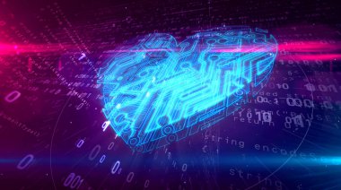 Cyber kalp sembol siber. Soyut 3d dijital arka plan üzerinde aşk simgesinin resmi.