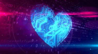 Cyber kalp sembol siber. Soyut 3d dijital arka plan üzerinde aşk simgesinin resmi.