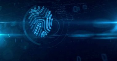 Dijital koruma cyber arka plan üzerinde parmak izi yetkilendirme ile. Kişisel kimlik ve el parmak doğrulama sistemi soyut kavram döngü ve sorunsuz animasyon ile dijital güvenlik teknoloji.