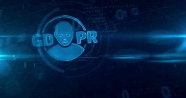 Gdpr genel veri koruma Yönetmeliği ile yüz simgesi dijital arka plan üzerinde hareket. Gizlilik içinde Avrupa Birliği döngü ve sonsuz animasyon güvenli.