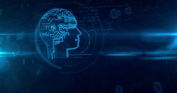 デジタル背景に人工知能のヘッド形状 サイバネチィック頭脳と深い概念とのシームレスなループ アニメーションを学習 — ストック動画