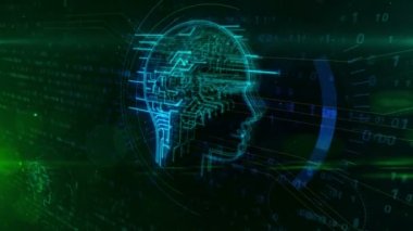Yapay zeka, Makine öğrenimi ve sibernetik beyin kavramı animasyon. Cyber kafa şekli dijital arka plan üzerinde çalışma.