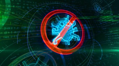 Dijital solucan yasağı ile ikili arka plan virüsten koruma sembolü. Cyber koruma simgesi Soyut 3d çizimi.