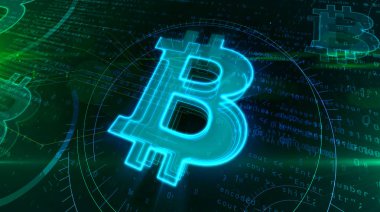 Bitcoin logo soyut kavram. Cryptocurrency madencilik simgesine 3d dijital arka plan illüstrasyon.