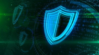 Siber güvenlik kalkan kutsal kişilerin resmi ile dijital arka plan üzerinde. Veri koruma Soyut 3d çizim.