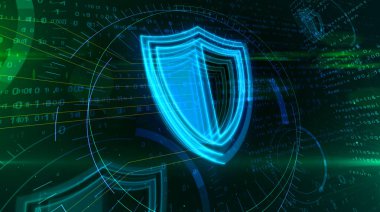 Siber güvenlik kalkan kutsal kişilerin resmi ile dijital arka plan üzerinde. Veri koruma Soyut 3d çizim.