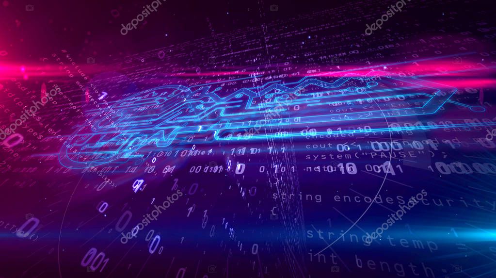 Data encryption, cyber protection and digital key sign on dynamic binary background. Computer security technology abstract concept 3D illustration.