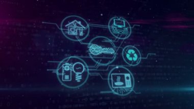 Çok Internet aygıtları sembolleri dijital arka plan üzerinde bulunan şeylerden. House, enerji, soba, anahtar ve ses video aygıtları ağa - kavram 3d loopable ve sorunsuz animasyon bağlı.