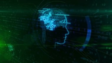 Yapay zeka, derin Makine öğrenimi ve siber kavramı animasyon sorun. Yüz şekli hologram dinamik 3d dijital arka plan üzerinde fütüristik sibernetik beyin ile. Derin beyin stimülasyonu metafor.