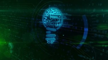 Yenilik, yaratıcı fikir ve dinamik dijital arka plan başarı kavramı sembolü. Cyber ampul hologram simgesi soyut 3d animasyon.