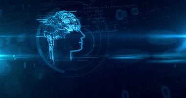 Yapay zeka ve derin makine öğrenme kavramı. Yüz şekil dinamik 3d dijital arka plan üzerinde sibernetik zihinle hologram. Derin beyin stimülasyonu. Loopable tünel animasyon.