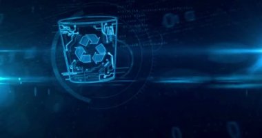 Dinamik dijital arka plan bilgisayar çöp kutusu sembolü. Parlayan dijital veri simgesi soyut 3d loopable ve sorunsuz tünel animasyon silin. Parlak geri dönüşüm işareti.
