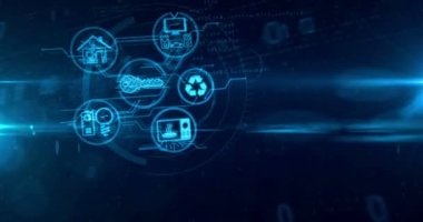 Çok Internet aygıtları sembolleri dijital arka plan üzerinde bulunan şeylerden. House, enerji, soba, anahtar ve ses video aygıtları ağa - bağlı kavramı 3d döngü ve sorunsuz animasyon.