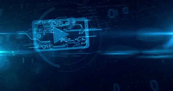 Fournisseur de médias numériques et lecteur cyber mobile signe sur fond binaire boucle 3D et animation transparente. Concept de radiodiffusion, de diffusion en continu et de communication mondiales .