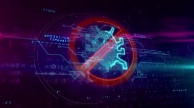 Virüsten koruma, bilgisayar solucanı, siber güvenlik ve dijital arka plan Internet güvenlik sembolü. 3D hologram virüs yasak işareti, kod ve aksaklık etkisi ile. Soyut kavram animasyon.