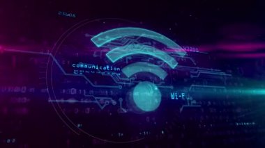 WiFi, kablosuz iletişim ve dijital arka plan etkin nokta sembolü. wi-fi işareti, kod ve aksaklık etkisi ile 3D hologram. Soyut kavram animasyon.