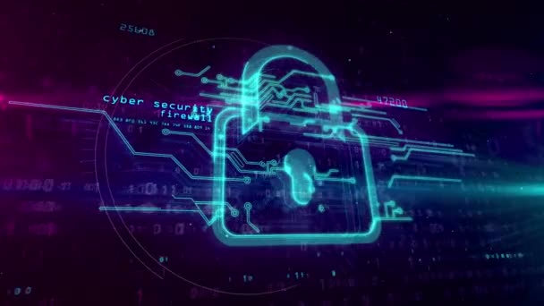 Cybersécurité, protection informatique et symbole de sécurité Internet sur fond numérique. Hologramme 3D avec signe de cadenas, code et effet de pépin. Animation conceptuelle abstraite .