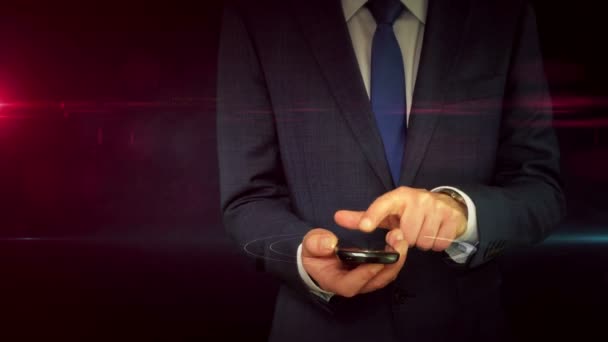Επιχειρηματίας Στο Κοστούμι Χρησιμοποιώντας Smartphone Ολόγραμμα Καλάθι Δακτυλικών Αποτυπωμάτων Τεχνολογία — Αρχείο Βίντεο