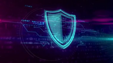 Siber Güvenlik kalkan kutsal kişilerin resmi ile dijital arka plan üzerinde. Soyut 3d animasyon dijital koruma, güvenlik duvarı, antivirüs ve bilgisayar güvenliği. İkili arka plan üzerinde fütüristik hologram.