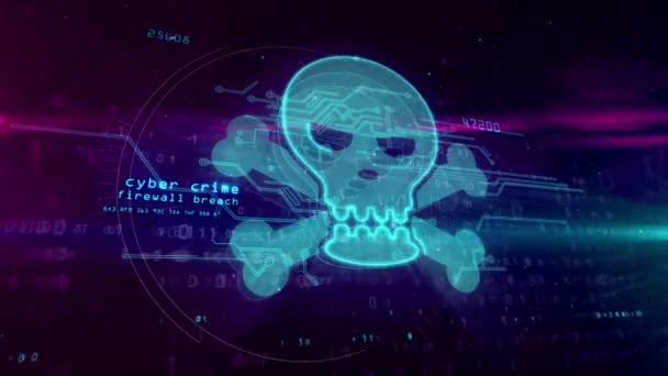 Cyber Attack Concept Skull Bones Sign Hologram Abstract Animation Danger — Stock Video