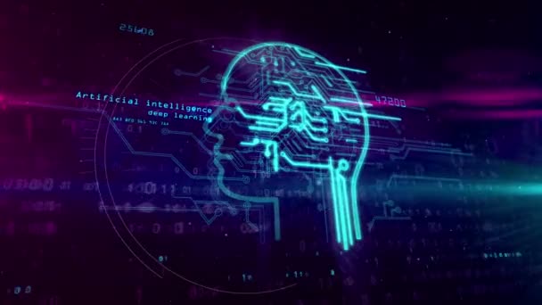 Artificiell Intelligens Med Cyber Huvud Logga Digital Bakgrund Cybernetic Hjärnan — Stockvideo