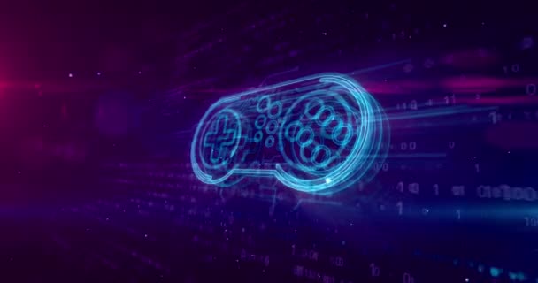 Retro Gamepad Controller Hologramm Auf Digitalem Hintergrund Gaming Play Pad — Stockvideo