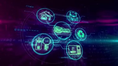 Çok - şeyler hologram aygıtları sembolleri dijital arka plan üzerinde bulunan Internet. House, enerji, soba, anahtar ve ses video aygıtları bağlı ağ - kavram 3d animasyon.