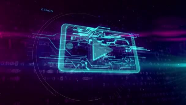 Fournisseur de médias numériques et lecteur cyber mobile signe sur fond binaire animation 3D. Concept de streaming de films, diffusion et communication mondiales .