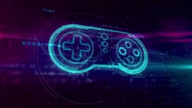 Retro gamepad denetleyicisinin 3d hologram dijital arka plan üzerinde. Oyun, 5g, oyun, yastık ve online oyun kavramı.