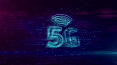 5g - 5 nesil hücresel mobil iletişim. Yüksek hızlı kablosuz telefon ağ hologram sembolü dinamik dijital arka plan. Loopable ve sorunsuz 3d animasyon.