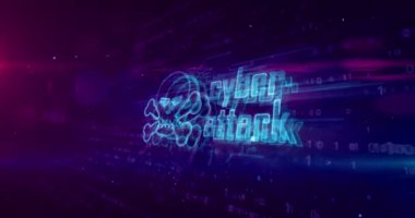 Siber saldırı hologram dijital arka plan üzerinde. Tehlike uyarı, tehdit, enfeksiyonun ve uyarı soyut kavram kafatası sembolü ile. Fütüristik 3d animasyon.