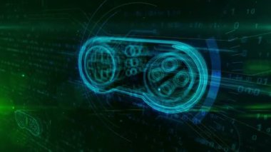 Dijital arka planda Retro gamepad denetleyici hologram. Oyun, oyun, joystick, pad ve online oyun soyut kavramı.