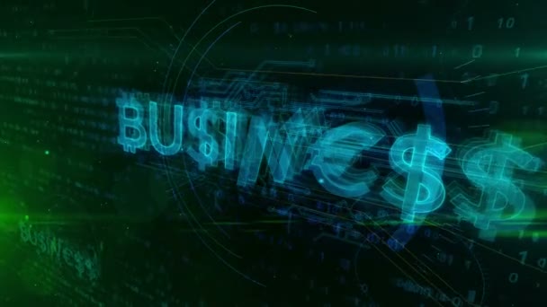 Business Hologram Concept Digital Background Title Built Dollar Euro Bitcoin — Stock Video