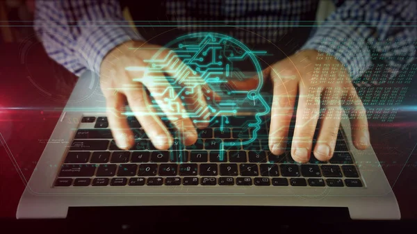 Homem escrevendo no teclado do laptop com inteligência artificial — Fotografia de Stock